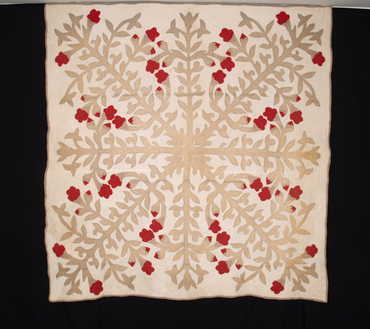 Hawaiian Applique Quilt in Taupe & Red