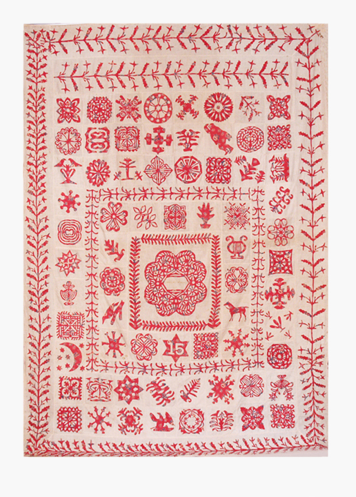 Image of a Turkey Red Paper Cut Applique Coverlet