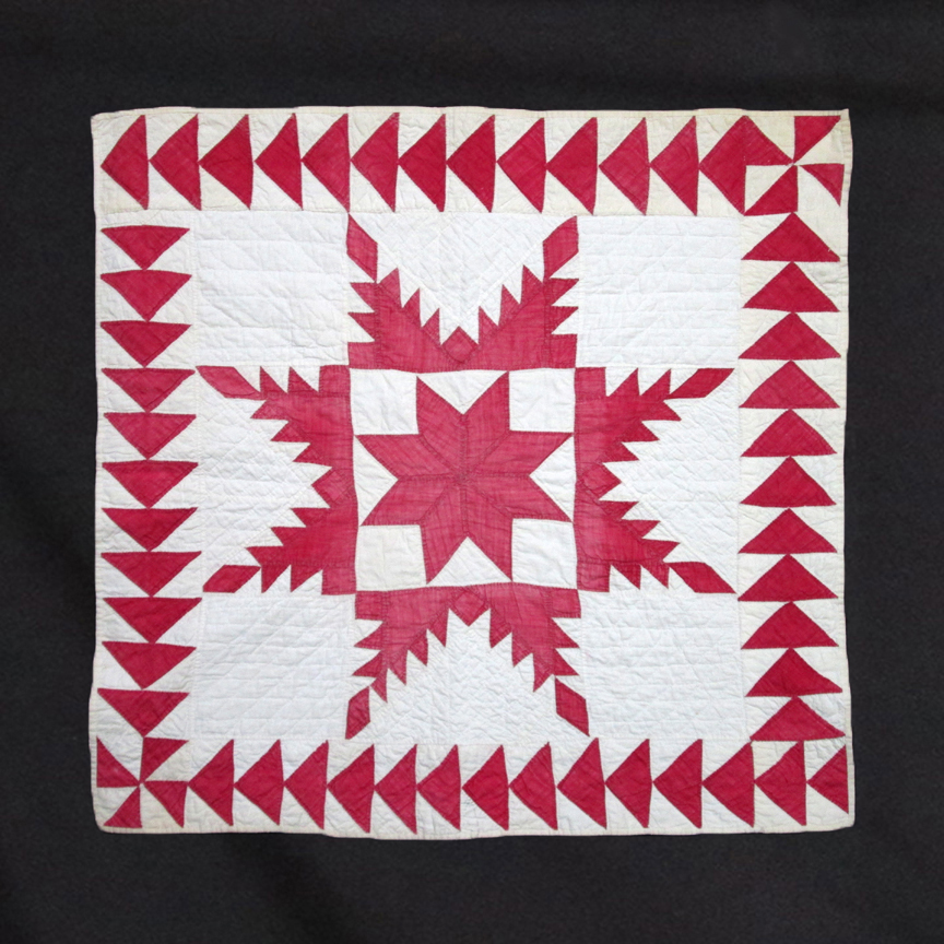 f316 Turkey Red and White Feathered Star with Turkey Red LaMoyne Star Centers with Flying Geese Border Fragment