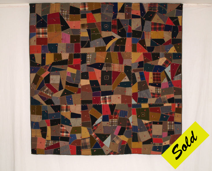 Q8758 Wool Crazy Quilt with Felted Red Wool Top Ties