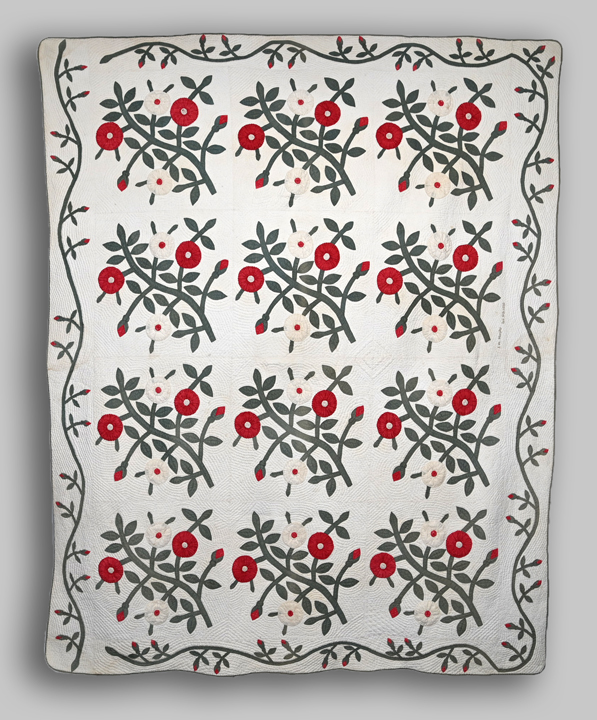 Q9253 Signed and Dated Folk Art Roses and Buds Quilt