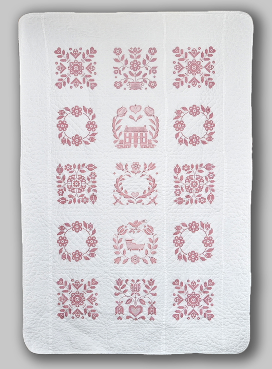 Pair of Deep Rose and White Cross Stitched Album Design Quilts