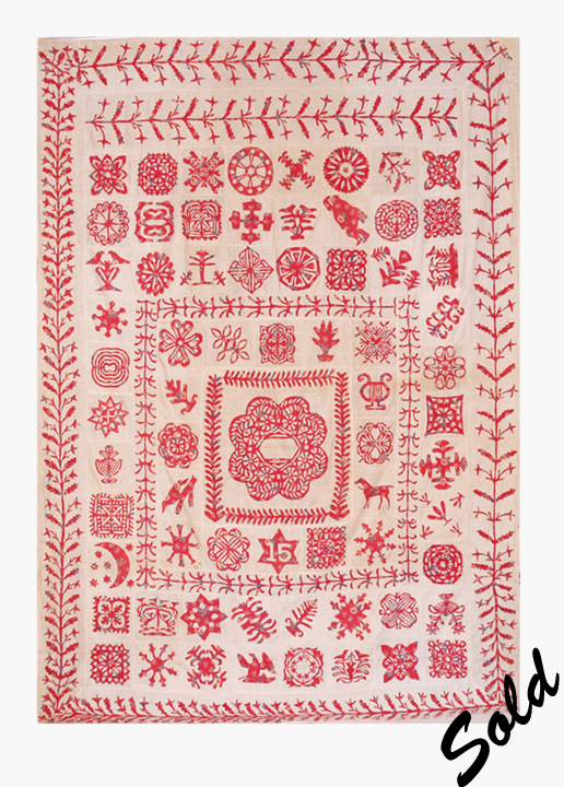 Image of a Turkey Red Paper Cut Applique Coverlet