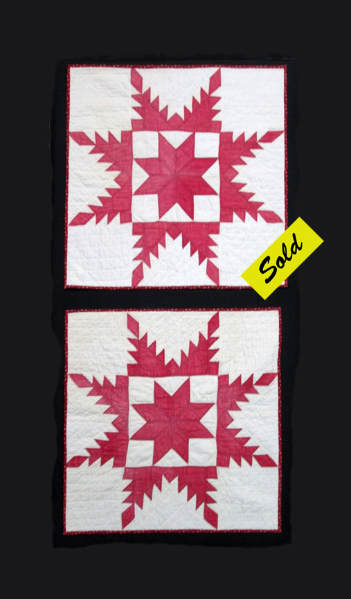 f314-315 Turkey Red and White Feathered Star with Turkey Red Ohio Star Centers Fragment