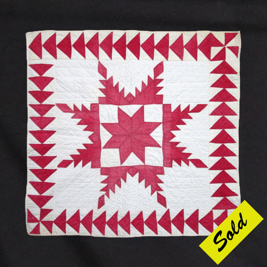 f316 Turkey Red and White Feathered Star with Turkey Red LaMoyne Star Centers with Flying Geese Border Fragment