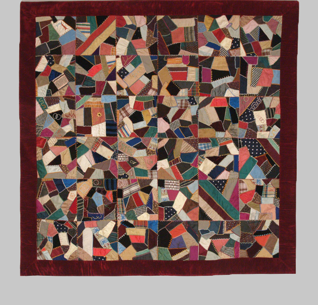 Q8771 Victorian Silk Crazy Quilt with Burgundy Velvet Border