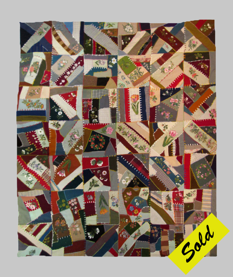 Q9053 Victorian Wool Challis Crazy Quilt with over 100 original flora and fauna oil paintings