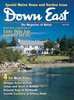 Image of the cover of Down East magazine for March 2003. The article about Betsey is mentioned in the lower left: Antique Quilts in York.